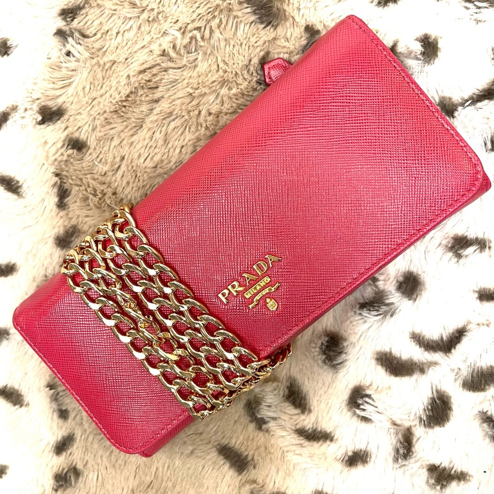PRADA SAFFIANO LEATHER FLAP WALLET ON A CHAIN CROSSBODY